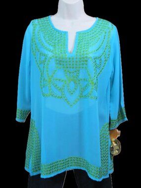 Gretchen Scott Blue Sheer Tunic Top Split Hem Green Embroidered XS